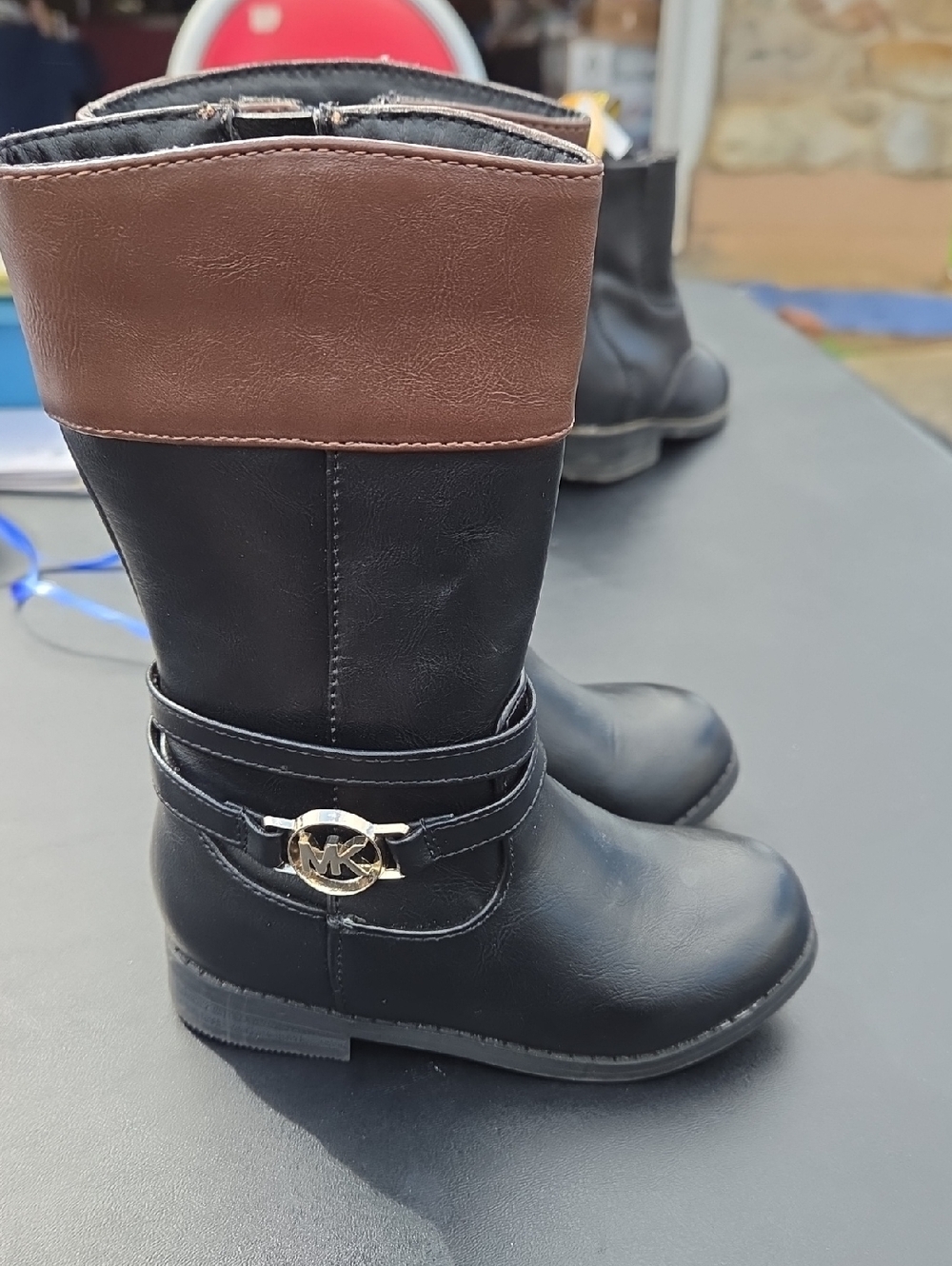 Michael Kors Black Boots with Brown Cuff and MK Accent